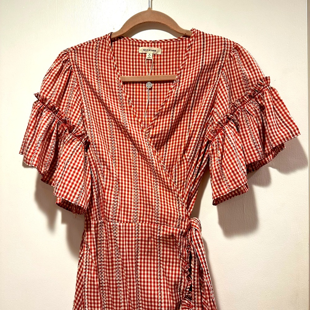 Adorable checkered print wrap ruffle dress